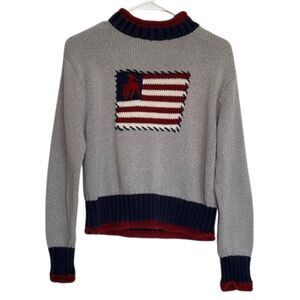 Vintage Rough Rider American Flag Patch Sweater Womens Lg Linen Rolled Neck 80s